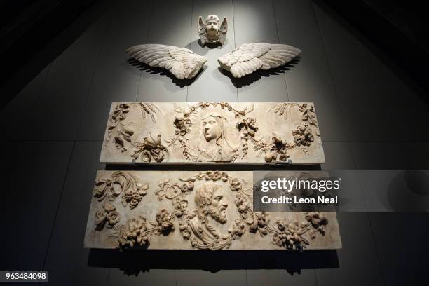 Carvings and Altarpiece panels from Whitehall Palace are seen in the Queen's Diamond Jubilee gallery at Westminster Abbey on May 29, 2018 in London,...