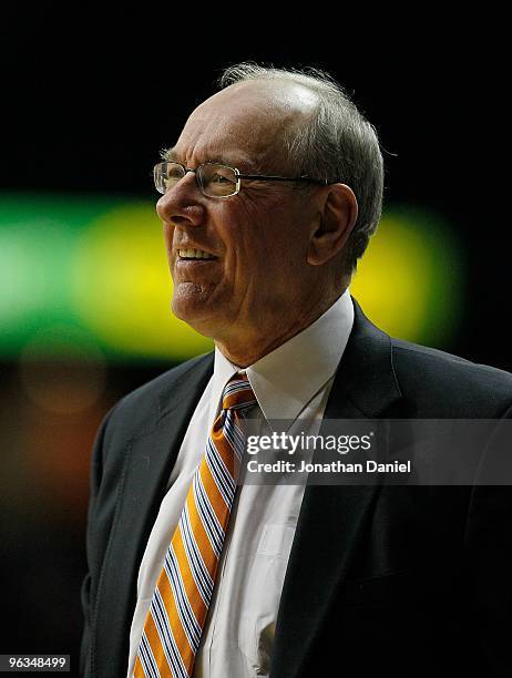 Head coach Jim Boeheim of the Syracuse Orange watches as his team takes on the DePaul Blue Demons at the Allstate Arena on January 30, 2010 in...