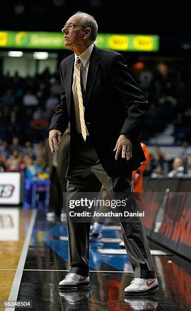 Head coach Jim Boeheim of the Syracuse Orange watches as his team takes on the DePaul Blue Demons at the Allstate Arena on January 30, 2010 in...