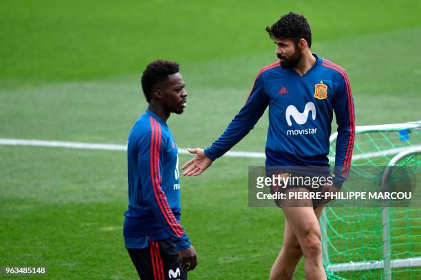 Spain's forwards Diego Costa and Inaki Williams attend a training session of Spain's football national team at the Spanish Football Federation's...