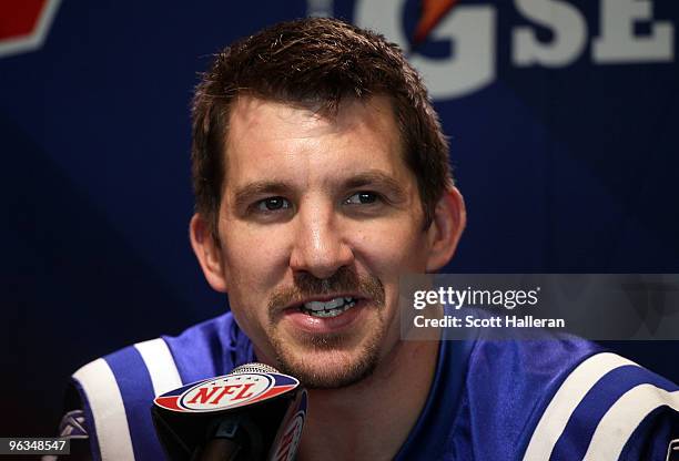 Dallas Clark of the Indianapolis Colts speaks to members of the media during Super Bowl XLIV Media Day at Sun Life Stadium on February 2, 2010 in...