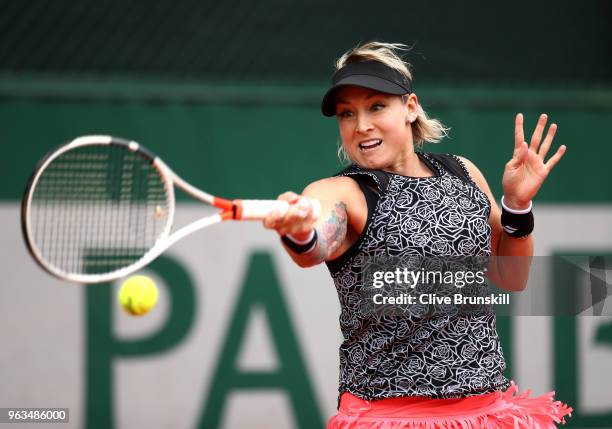 Bethanie Mattek-Sands of The United States plays a forehand during the ladies singles first round match against Johanna Larsson of Sweden during day...