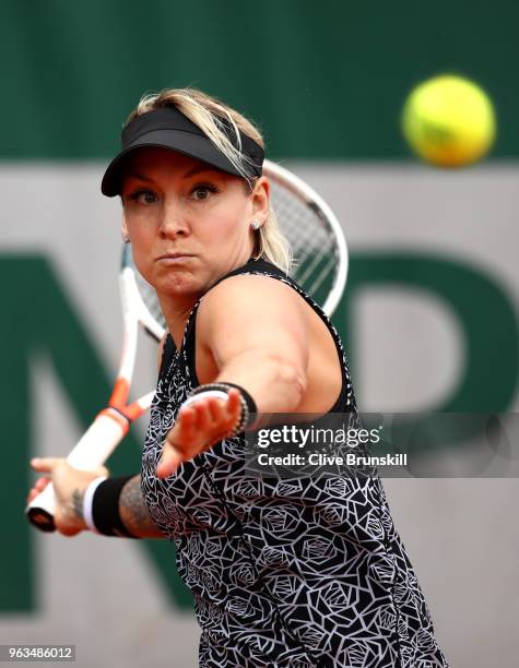 Bethanie Mattek-Sands of The United States plays a forehand during the ladies singles first round match against Johanna Larsson of Sweden during day...