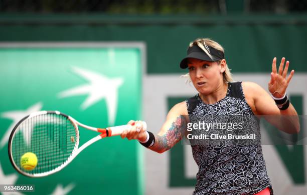 Bethanie Mattek-Sands of The United States plays a forehand during the ladies singles first round match against Johanna Larsson of Sweden during day...
