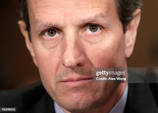 Secretary of the Treasury Timothy Geithner listens during a hearing before the Senate Finance Committee on Capitol Hill February 2, 2010 in...