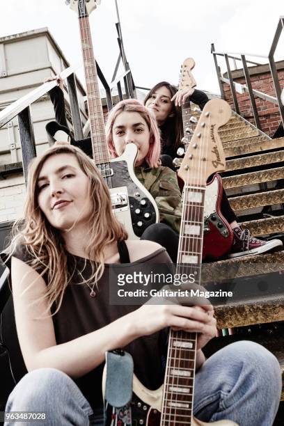 Theresa Wayman, Jenny Lee Lindberg and Emily Kokal of indie rock group Warpaint, photographed before a live performance at the O2 Academy in Oxford,...