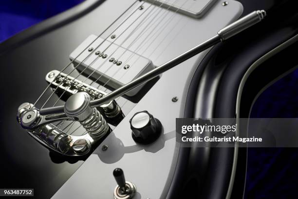 Detail of the Duesenberg Les Trem II tremolo arm on a Rivolta Combinata Deluxe Trem electric guitar with a Toro Black Metallic finish, taken on April...