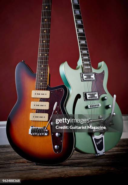 Reverend Jetstream 390 electric guitar with a 3-Tone Burst finish and a Reverend Tricky Gomez RT electric guitar with a Metallic Alpine finish, taken...