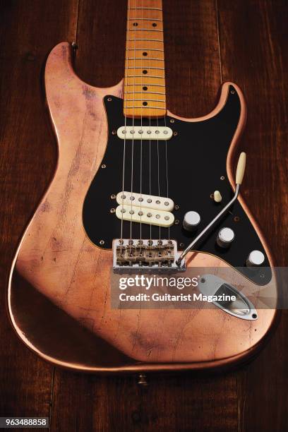 Fender Custom Shop Limited Edition Robbie Robertson Last Waltz Stratocaster electric guitar with an Antiqued Bronze finish, taken on May 4, 2017.