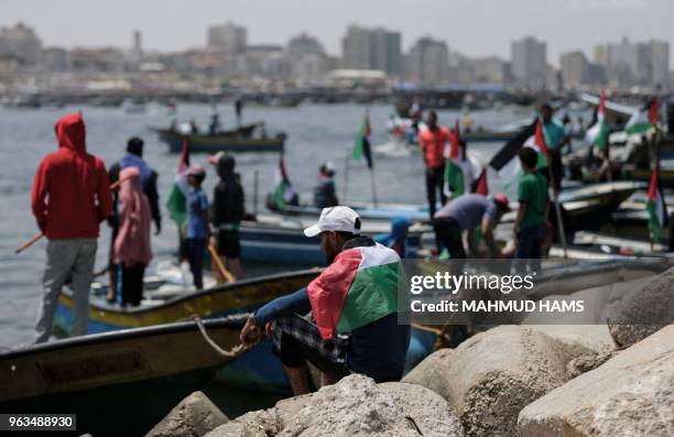 Picture taken on May 29, 2018 shows fishing boats carrying a group of Palestinian activists who are protesting and perhaps trying to breach Israel's...