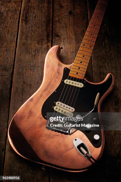 Fender Custom Shop Limited Edition Robbie Robertson Last Waltz Stratocaster electric guitar with an Antiqued Bronze finish, taken on May 4, 2017.