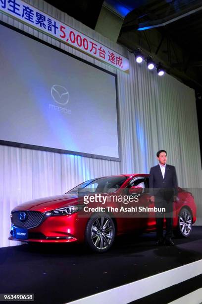 Mazda Motor Co President Masamichi Kogai attends the ceremony marking 50 millionth vehicles production in Japan at the company's Hofu Factory on May...