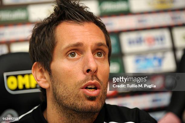 Francesco Benussi new player of Palermo answers questions during a press conference at Tenente Carmelo Onorato Sports Center on February 2, 2010 in...