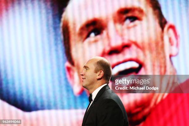 Inductee David Neitz walks up to accept his award during the Australian Football Hall of Fame at Crown Palladium on May 29, 2018 in Melbourne,...