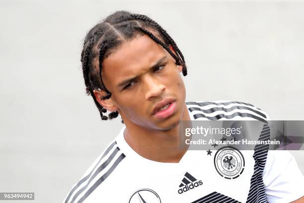 Leroy Sane looks on during a training session of the German national team at Sportanlage Rungg on day seven of the Southern Tyrol Training Camp on...