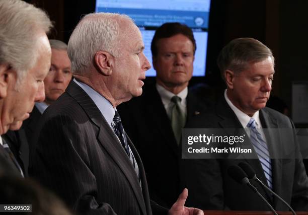 Sen. Lindsey Graham , Sen. Jim Webb Sen. John McCain and Sen. Joeseph Lieberman and others participate in a news conference on Capitol Hill on...
