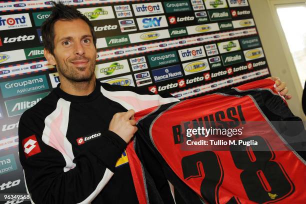 Francesco Benussi new Palermo signing shows his new shirt during a press conference at Tenente Carmelo Onorato Sports Center on February 2, 2010 in...