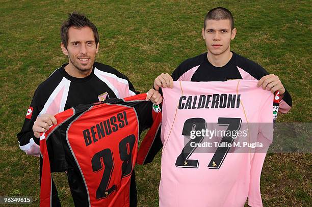 Francesco Benussi and Marco Calderoni new players of Palermo show their new shirts after a press conference at Tenente Carmelo Onorato Sports Center...