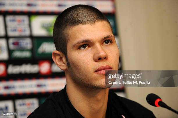 Marco Calderoni new Palermo signing answers questions during a press conference at Tenente Carmelo Onorato Sports Center on February 2, 2010 in...