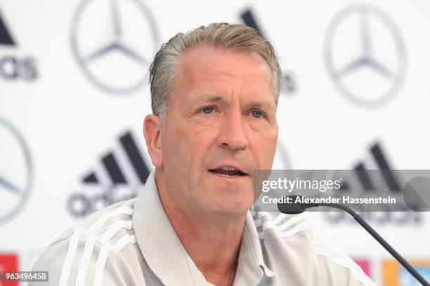 Andreas Koepcke, goal keeper of Germany talks to the media during a press conference of the German national team at Sportanlage Rungg on day seven of...