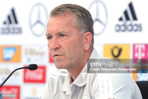 Andreas Koepcke, goal keeper of Germany talks to the media during a press conference of the German national team at Sportanlage Rungg on day seven of...