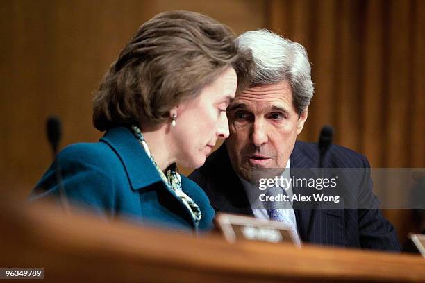 Sen. John Kerry talks to Sen. Blanche Lincoln during a hearing before the Senate Finance Committee on Capitol Hill February 2, 2010 in Washington,...