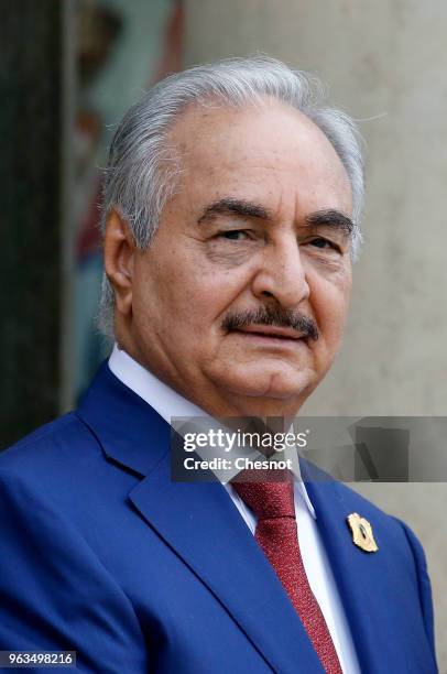 Military commander who dominates eastern Libya, Khalifa Haftar arrives to attend an international conference on Libya at the Elysee Palace on May 29...