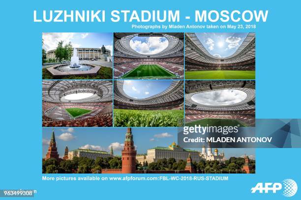 Pictures taken on May 23, 2018 shows the 80,000-seater Luzhniki Stadium in Moscow which will host seven World Cup matches including the opening game...