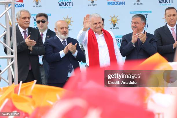 Prime Minister of Turkey Binali Yildirim greets people during the Turkey's ruling Justice and Development Party's rally in Siirt, Turkey on May 28,...