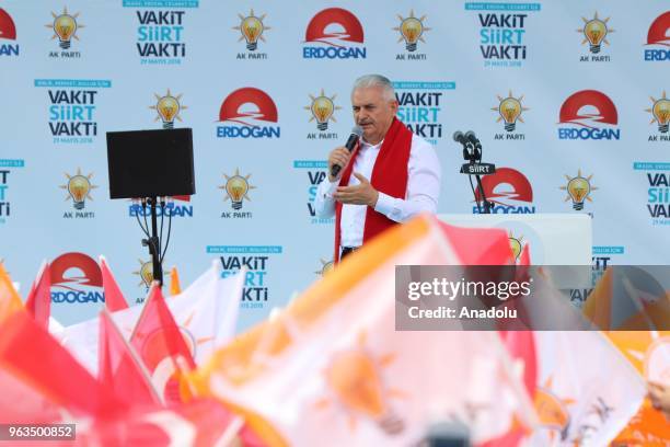 Prime Minister of Turkey Binali Yildirim greets people during the Turkey's ruling Justice and Development Party's rally in Siirt, Turkey on May 28,...
