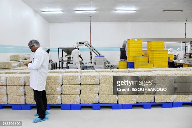 An employee works by bags of processed cashew nuts at a cashew nuts processing factory in the central Ivorian city of Bouake on May 24, 2018.