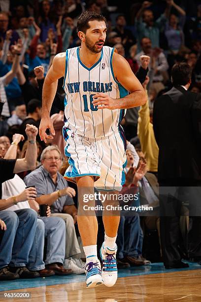 Peja Stojakovic of the New Orleans Hornets reacts after scoring against the Chicago Bulls at the New Orleans Arena on January 29, 2010 in New...