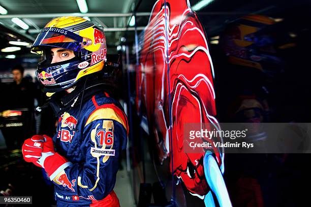 Sebastian Buemi of Switzerland and Toro Rosso is pictured in the garage during winter testing at the Ricardo Tormo Circuit on February 2, 2010 in...
