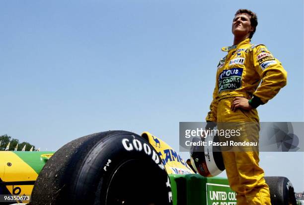 Michael Schumacher, driver of the Benetton-Ford B192 during practice for the San Marino Grand Prix on 17th May 1992 at the Autodromo Enzo e Dino...
