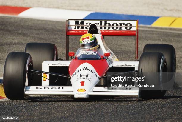 Ayrton Senna from Brazil drives the Honda Marlboro McLaren McLaren MP4/5 Honda V10 during practice for the French Grand Prix on 8th July 1989 at the...