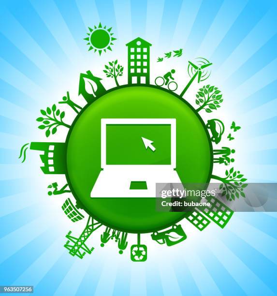 laptop environment green button background on blue sky - environmentalist laptop stock illustrations