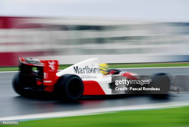 Ayrton Senna drives the McLaren-Honda MP4/6 during the Spanish Grand Prix on 29th September 1991at the Circuit de Catalunya, Barcelona, Spain.