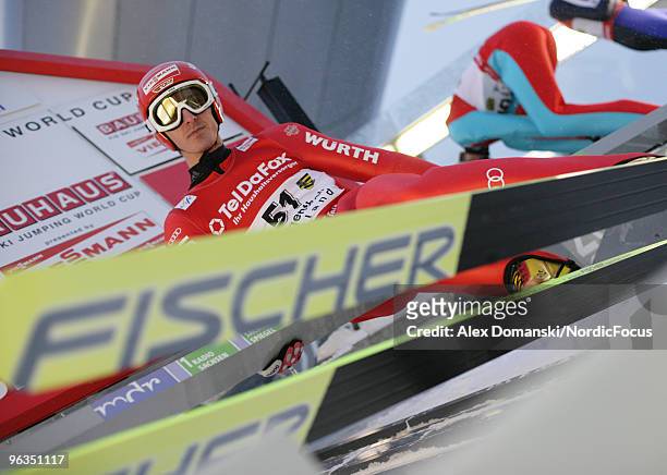 Michael Uhrmann of Germany competes during the qualification round of the FIS Ski Jumping World Cup on February 2, 2010 in Klingenthal, Germany.