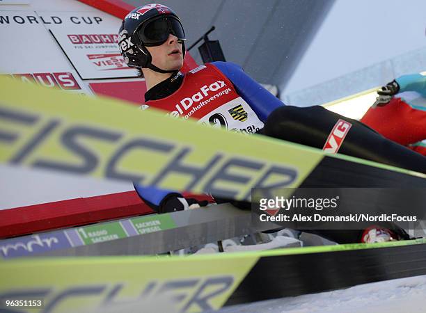 Anders Jacobsen of Norway competes during the qualification round of the FIS Ski Jumping World Cup on February 2, 2010 in Klingenthal, Germany.