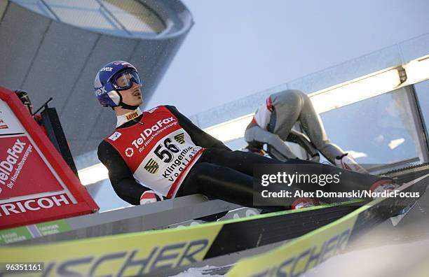 Adam Malysz of Poland competes during the qualification round of the FIS Ski Jumping World Cup on February 2, 2010 in Klingenthal, Germany.