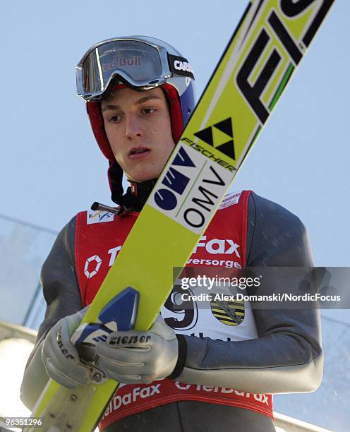 Gregor Schlierenzauer of Austria looks on during the qualification round of the FIS Ski Jumping World Cup on February 2, 2010 in Klingenthal, Germany.
