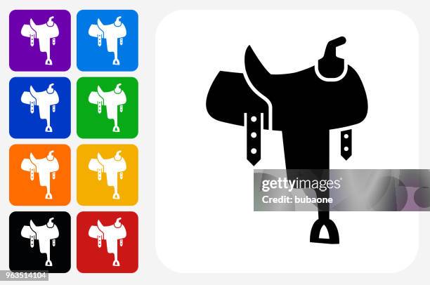 saddle icon square button set - saddle stock illustrations