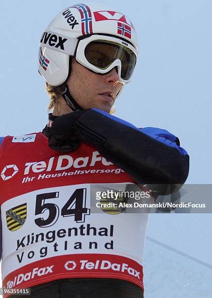 Bjoern Einar Romoeren of Norway looks on during the qualification round of the FIS Ski Jumping World Cup on February 2, 2010 in Klingenthal, Germany.