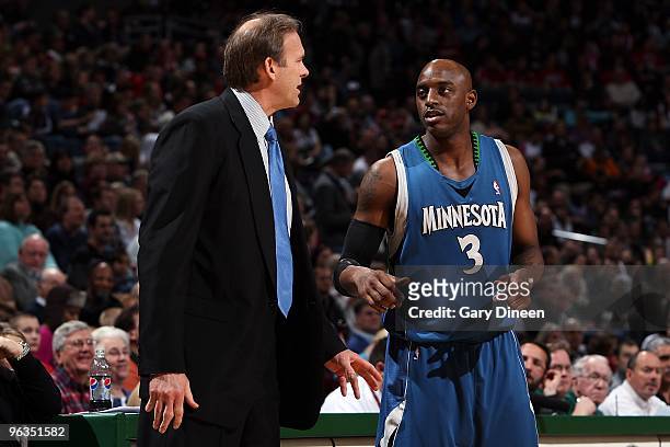 Head coach Kurt Rambis and Damien Wilkins of the Minnesota Timberwolves talk during the game against the Milwaukee Bucks on January 23, 2010 at the...