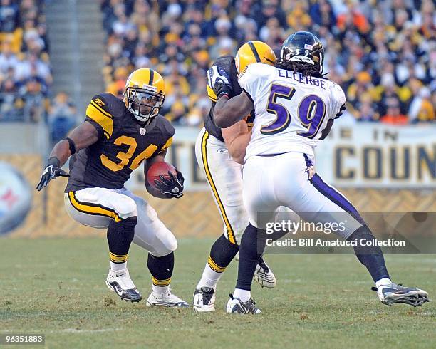 Running back Rashard Mendenhall of the Pittsburgh Steelers carries the ball during a game on December 27, 2009 against the Baltimore Ravens at Heinz...