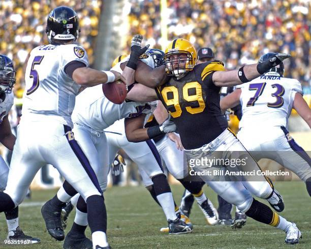 Defensive lineman Brett Keisel of the Pittsburgh Steelers rushes the quarterback during a game on December 27, 2009 against the Baltimore Ravens at...