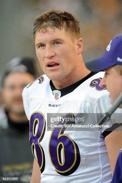 Tight end Todd Heap of the Baltimore Ravens on the sidelines during a game on December 27, 2009 against the Pittsburgh Steelers at Heinz Field in...