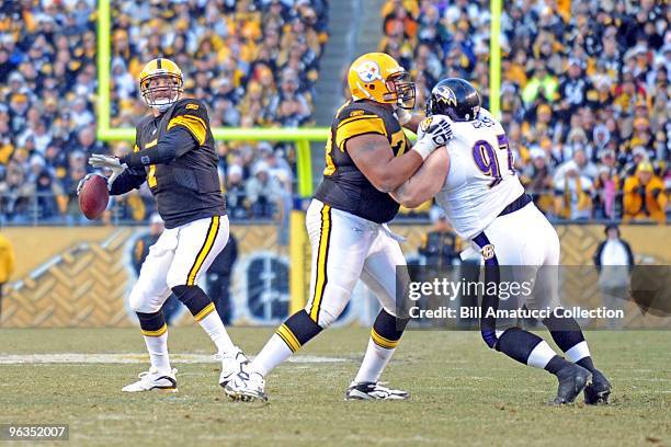 Quarterback Ben Roethlisberger of the Pittsburgh Steelers throws a pass during a game on December 27, 2009 against the Baltimore Ravens at Heinz...