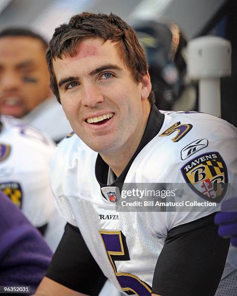 Quarterback Joe Flacco of the Baltimore Ravens on the sidelines during a game on December 27, 2009 against the Pittsburgh Steelers at Heinz Field in...