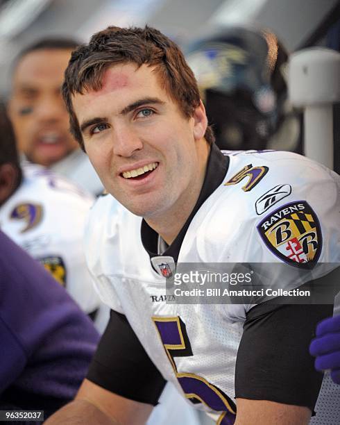 Quarterback Joe Flacco of the Baltimore Ravens on the sidelines during a game on December 27, 2009 against the Pittsburgh Steelers at Heinz Field in...